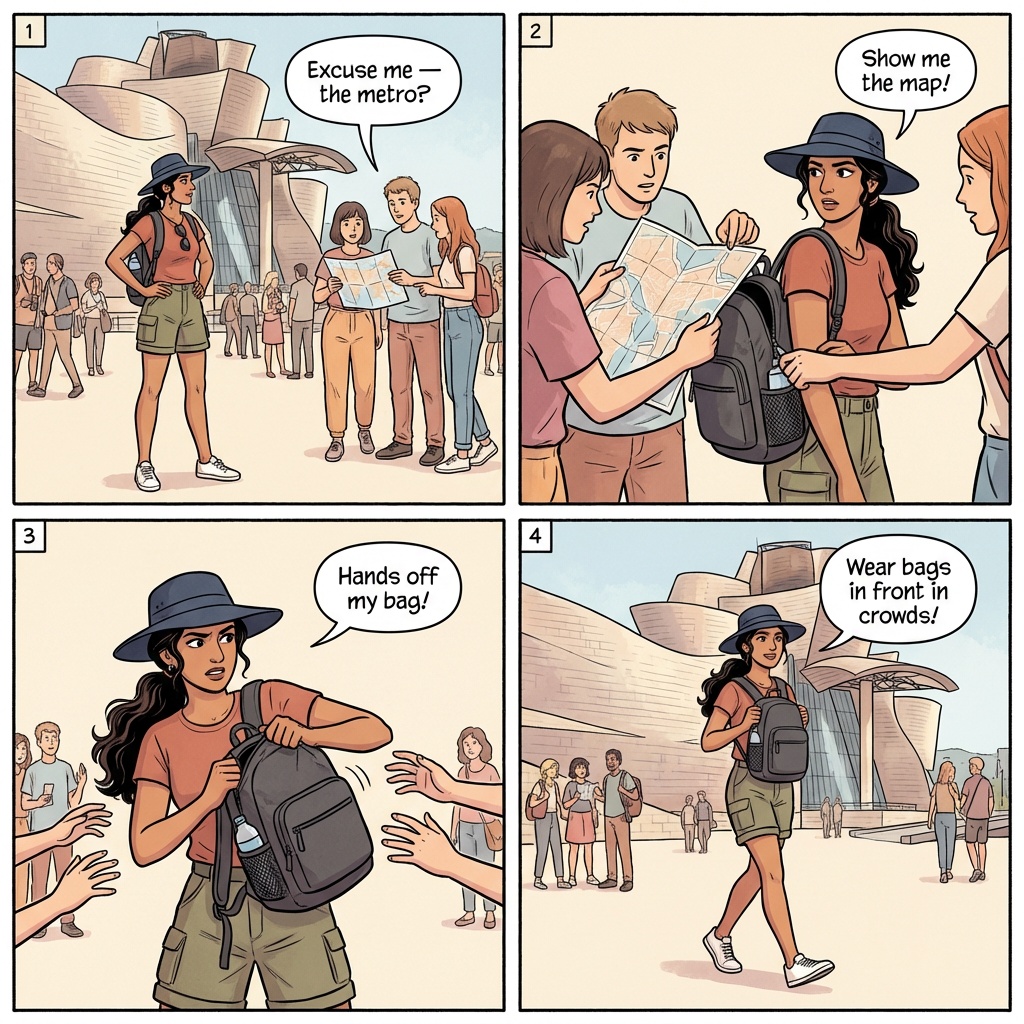 Bilbao Train Station & Casco Viejo Pickpockets — comic illustration