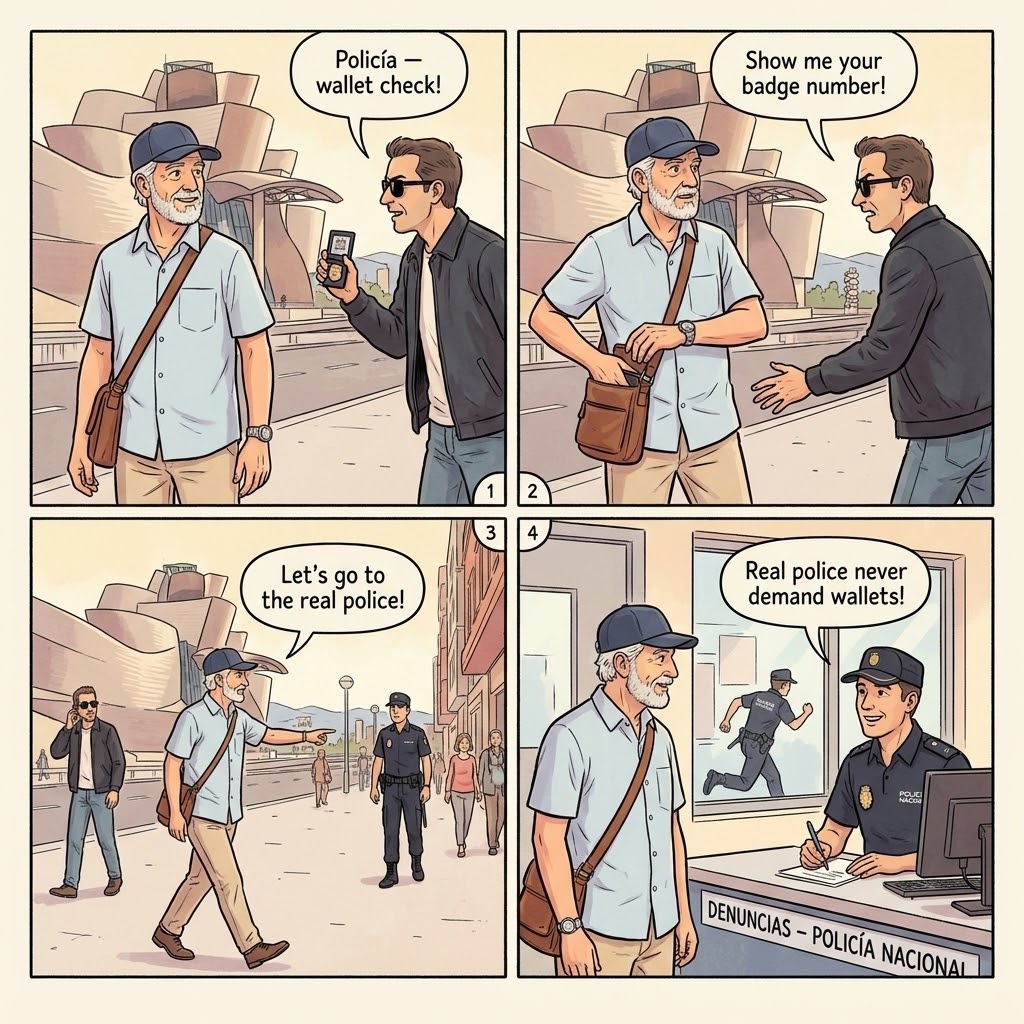 Fake Police & 'Traffic Fine' Confidence Scam — comic illustration