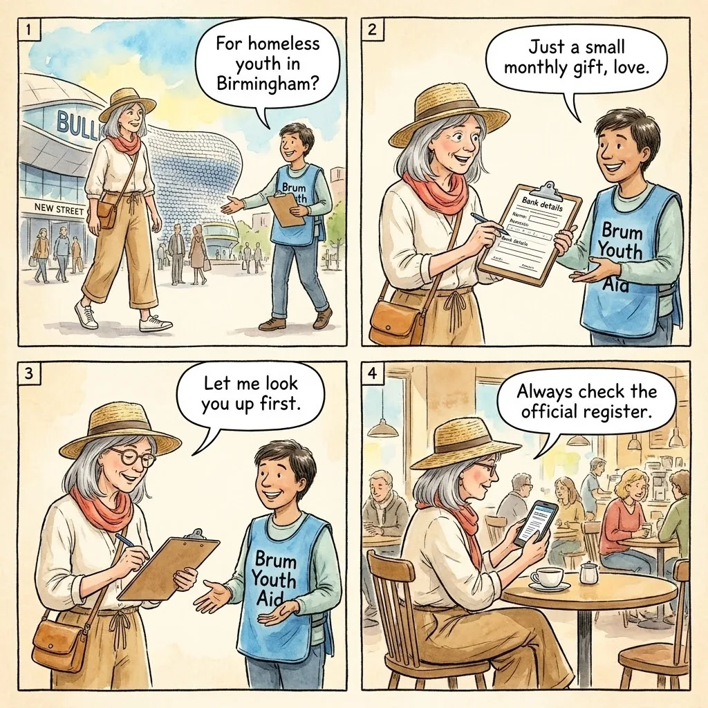 The Fake Charity Collector — comic illustration