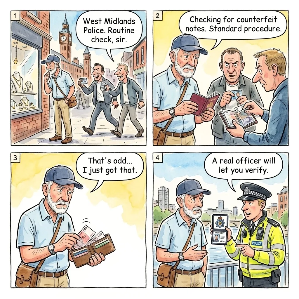 The Fake Police ID Check — comic illustration