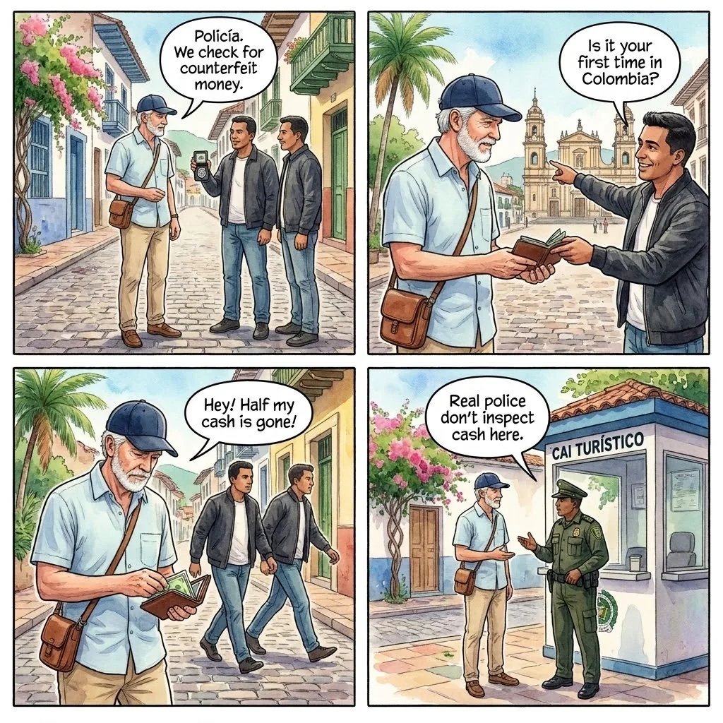 Fake Police Wallet Inspection — comic illustration