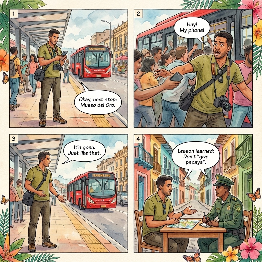 Bogota La Candelaria motorcycle phone-snatch comic, tourist on a colonial-quarter sidewalk while a passing motorbike rider reaches for the phone