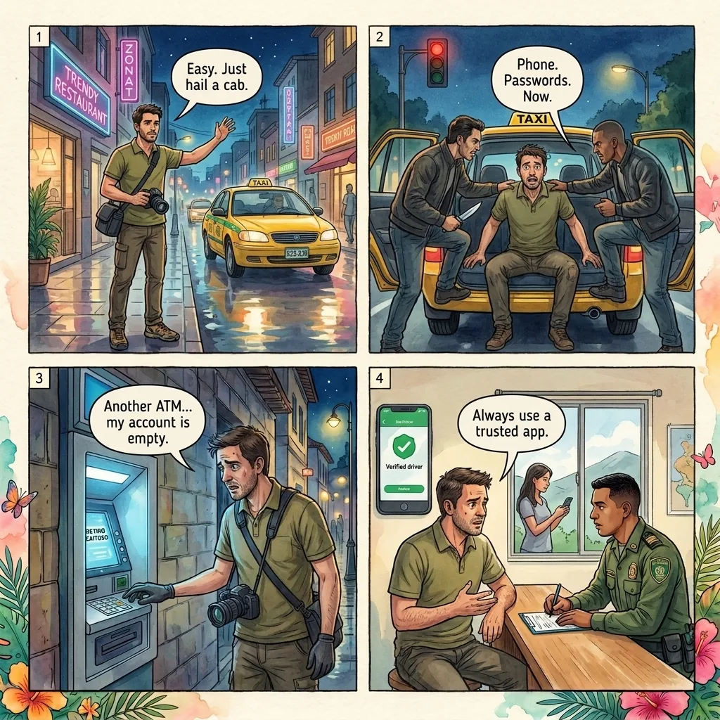 Express Taxi Kidnapping (Paseo Millonario) — comic illustration