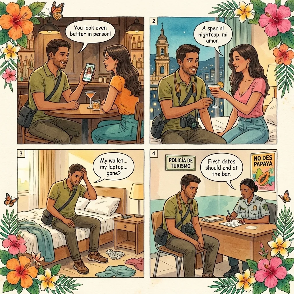 Dating-App Robbery Setup — comic illustration