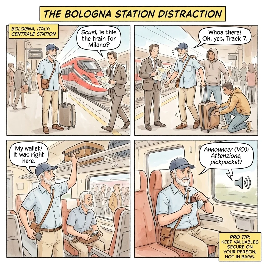 Bologna Centrale Platform & Taxi-Queue Pickpockets — comic illustration