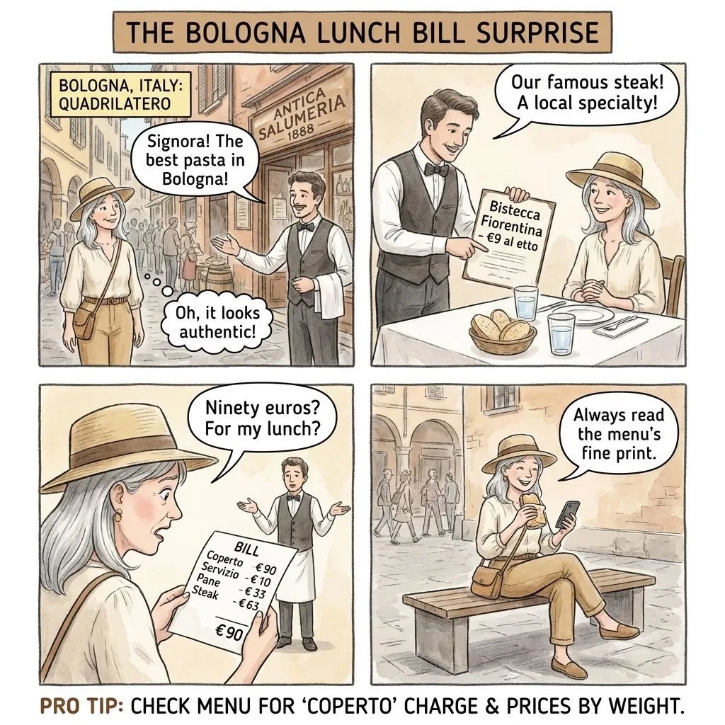 Quadrilatero "Ancient" Tourist-Menu Trap — comic illustration