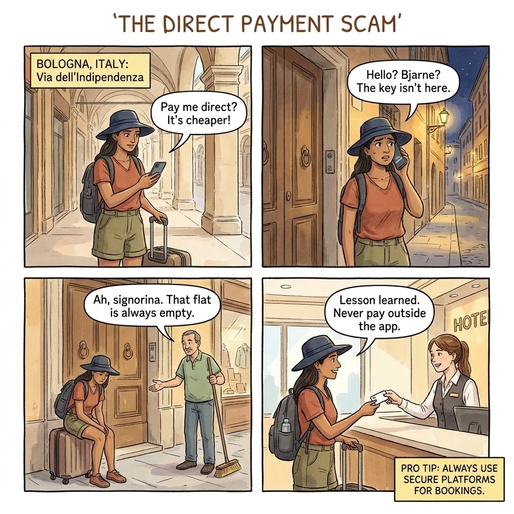 Fake Short-Term-Rental / Key Handoff — comic illustration