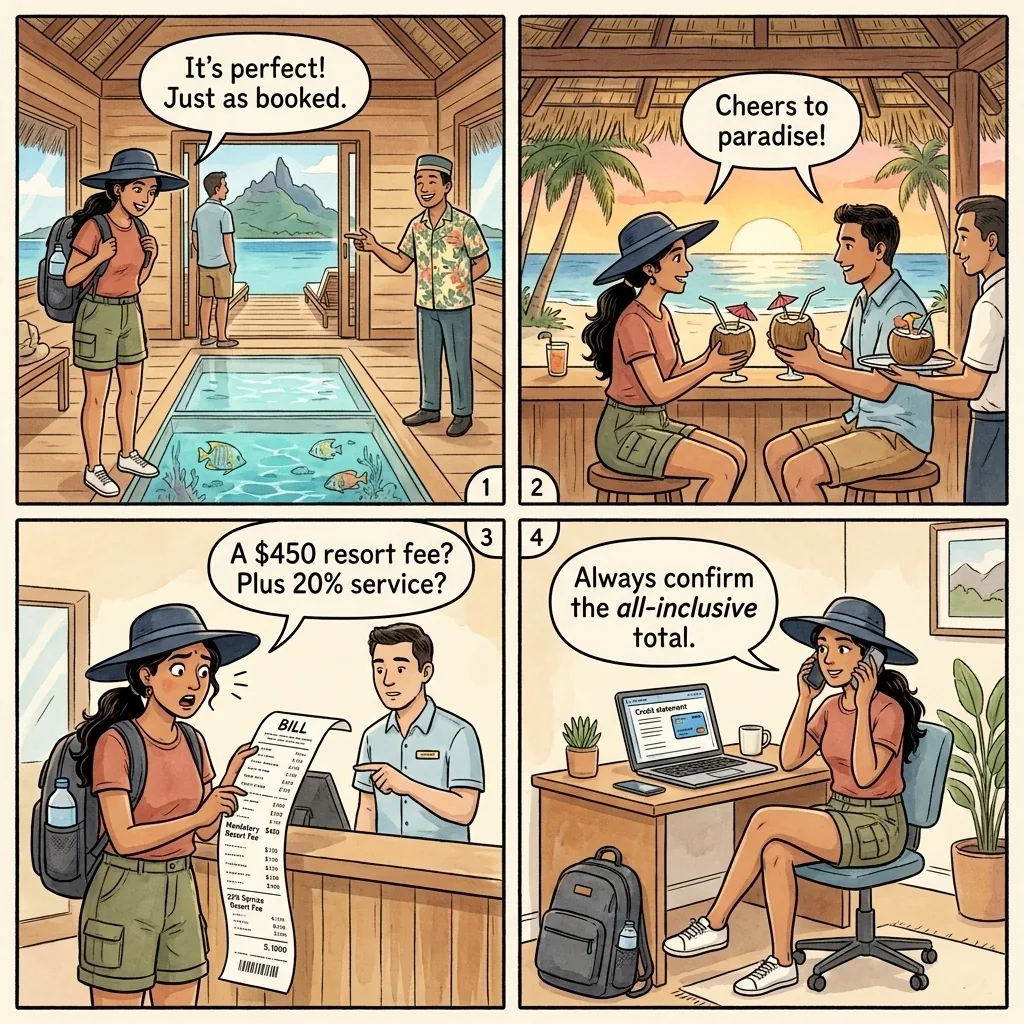The Hidden Resort Fee and Service Charge Stack — comic illustration