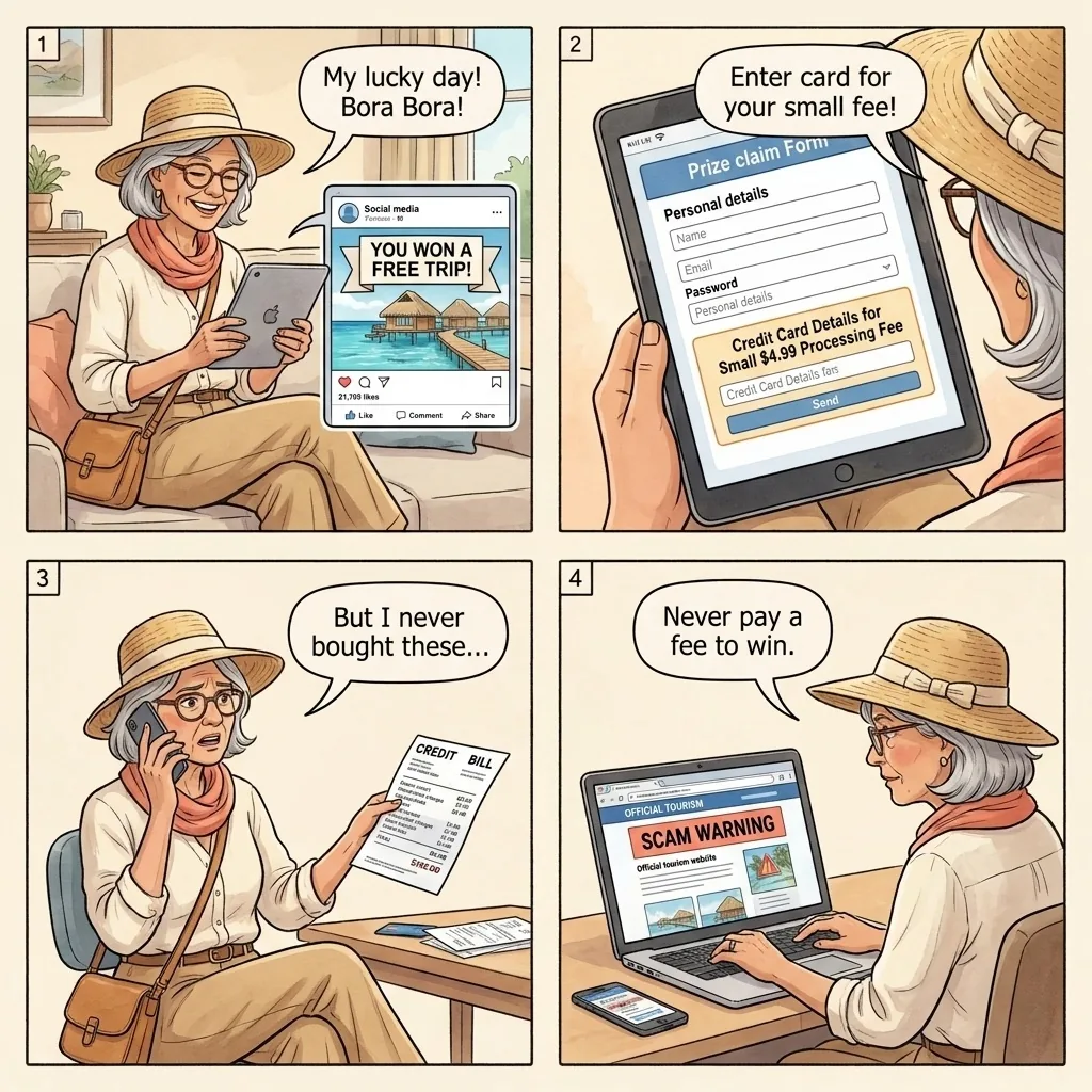 The Fake Bora Bora Vacation Giveaway Scam — comic illustration