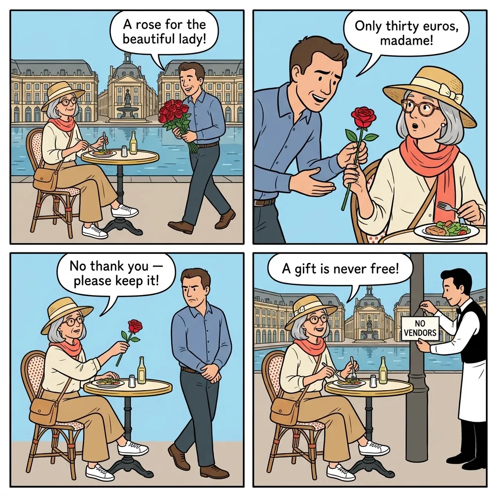 Rose Seller Scam — comic illustration