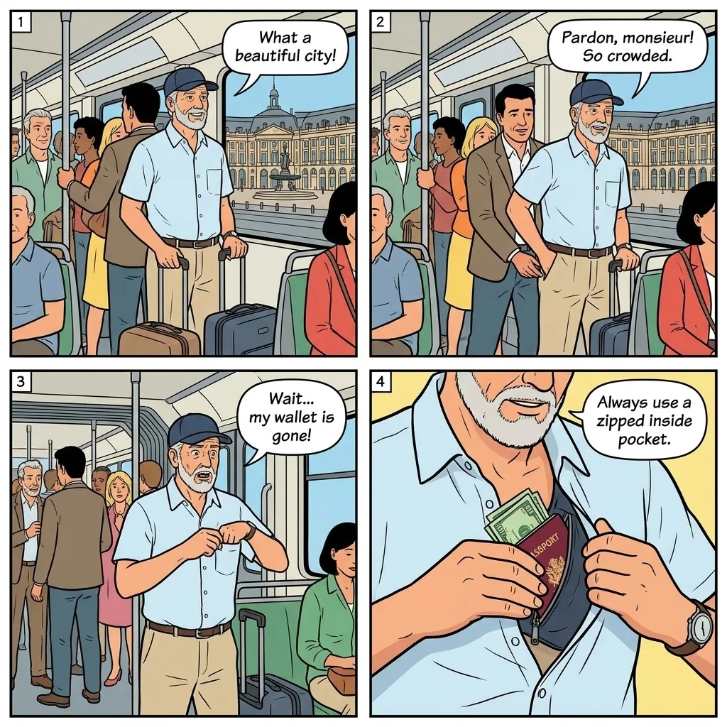 Tram and Bus Pickpocketing — comic illustration