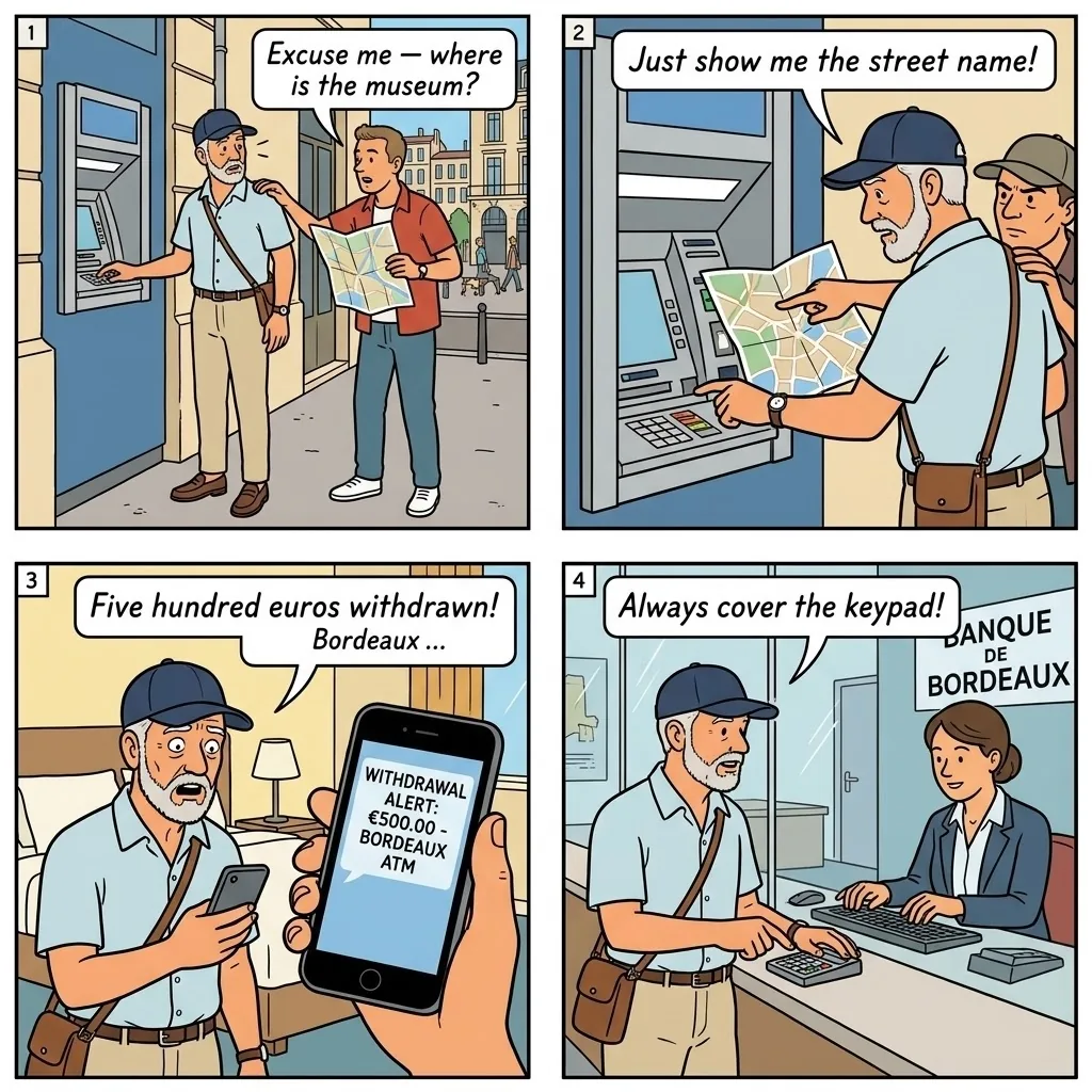 ATM Skimming and Card Theft — comic illustration