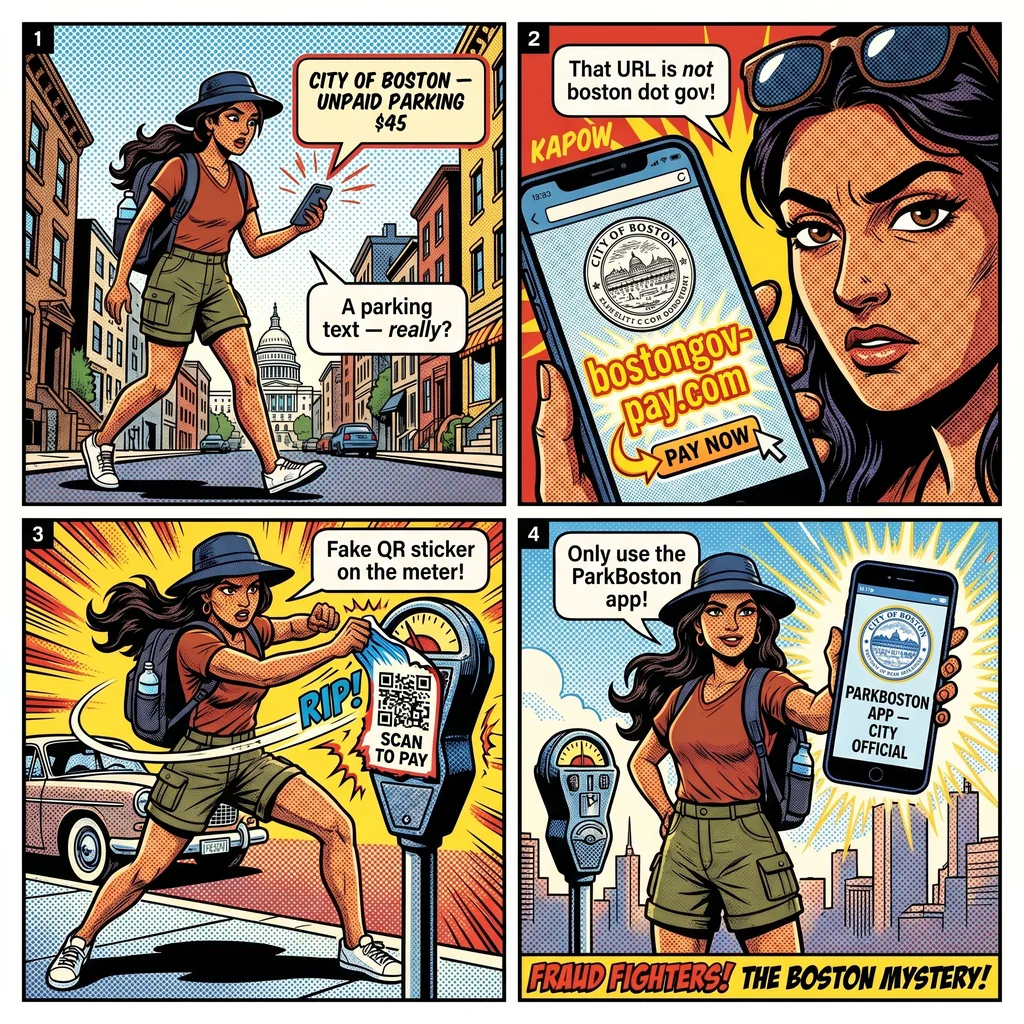 Fake Parking Ticket Text Scam — comic illustration