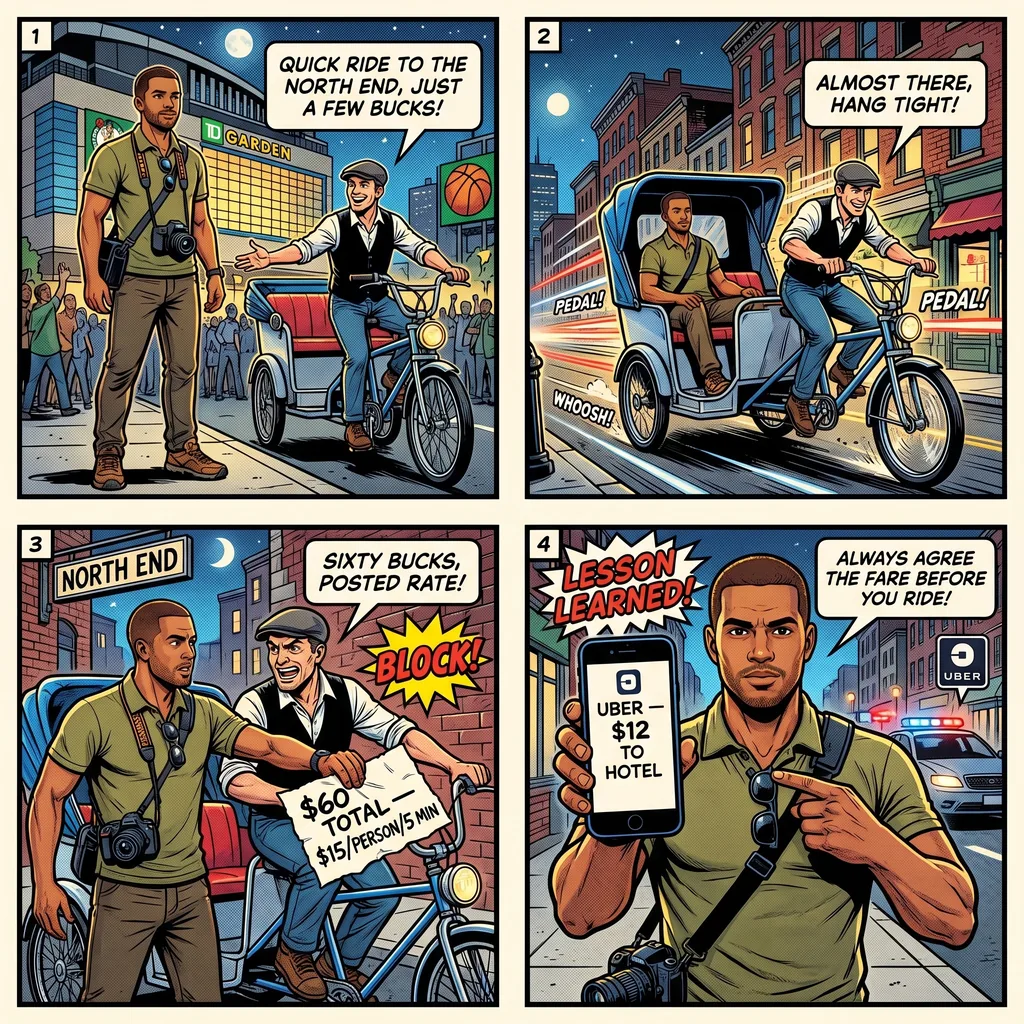 Aggressive Pedicab Overcharging — comic illustration