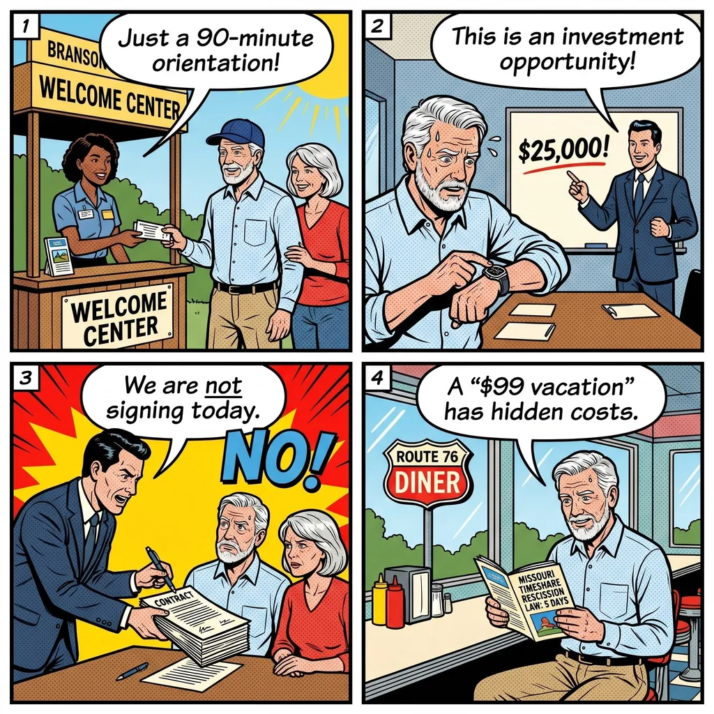 Branson Travel Group & '$99 Vacation Package' Timeshare Presentation S — comic illustration