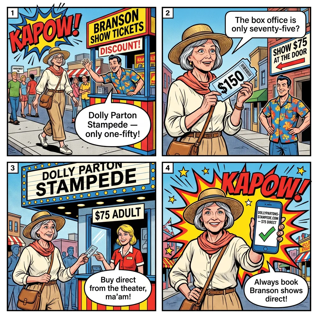 Branson Show Ticket Resale & 'Free Tickets' Marketing Scam — comic illustration