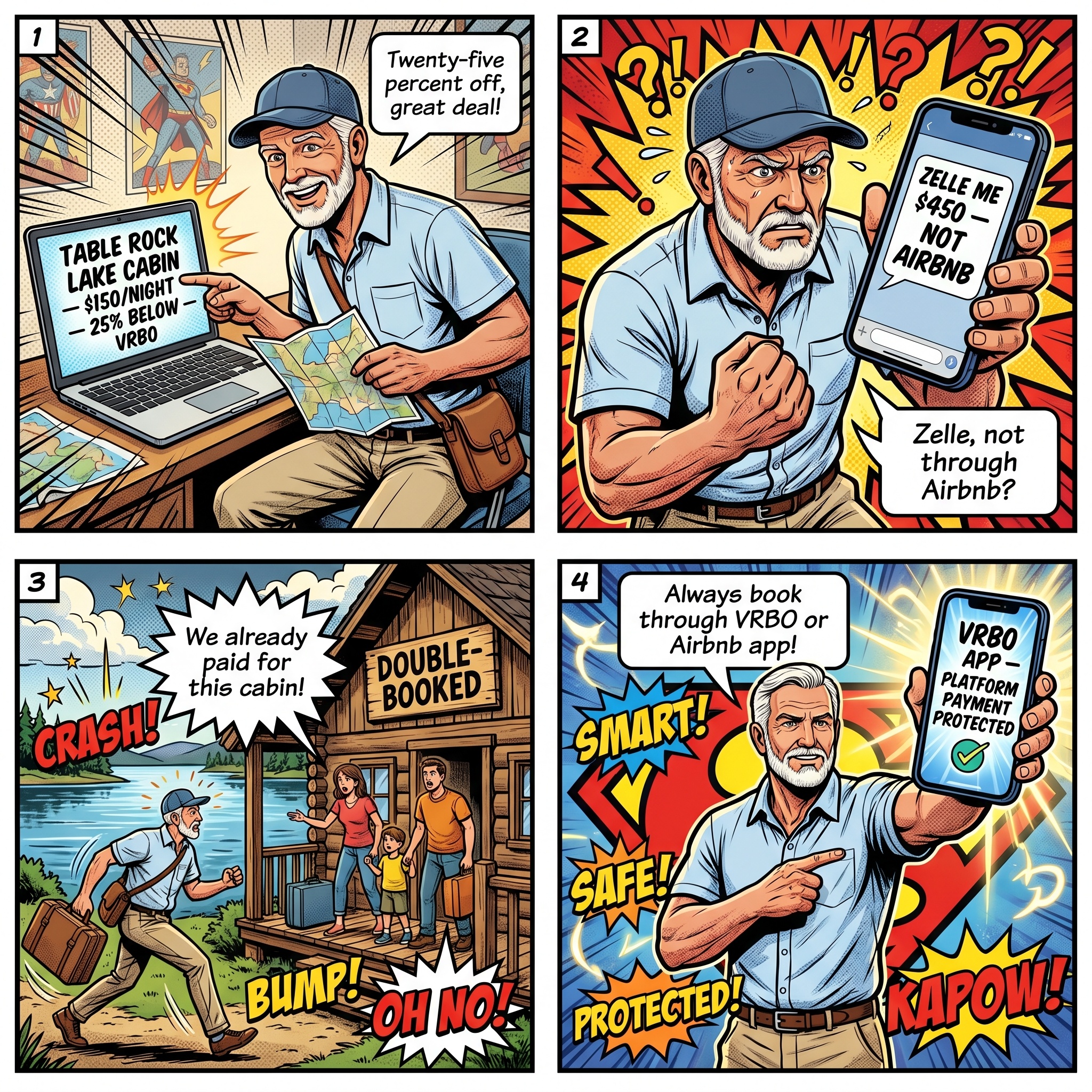 Branson STR / Cabin Off-Platform Booking Fraud — comic illustration