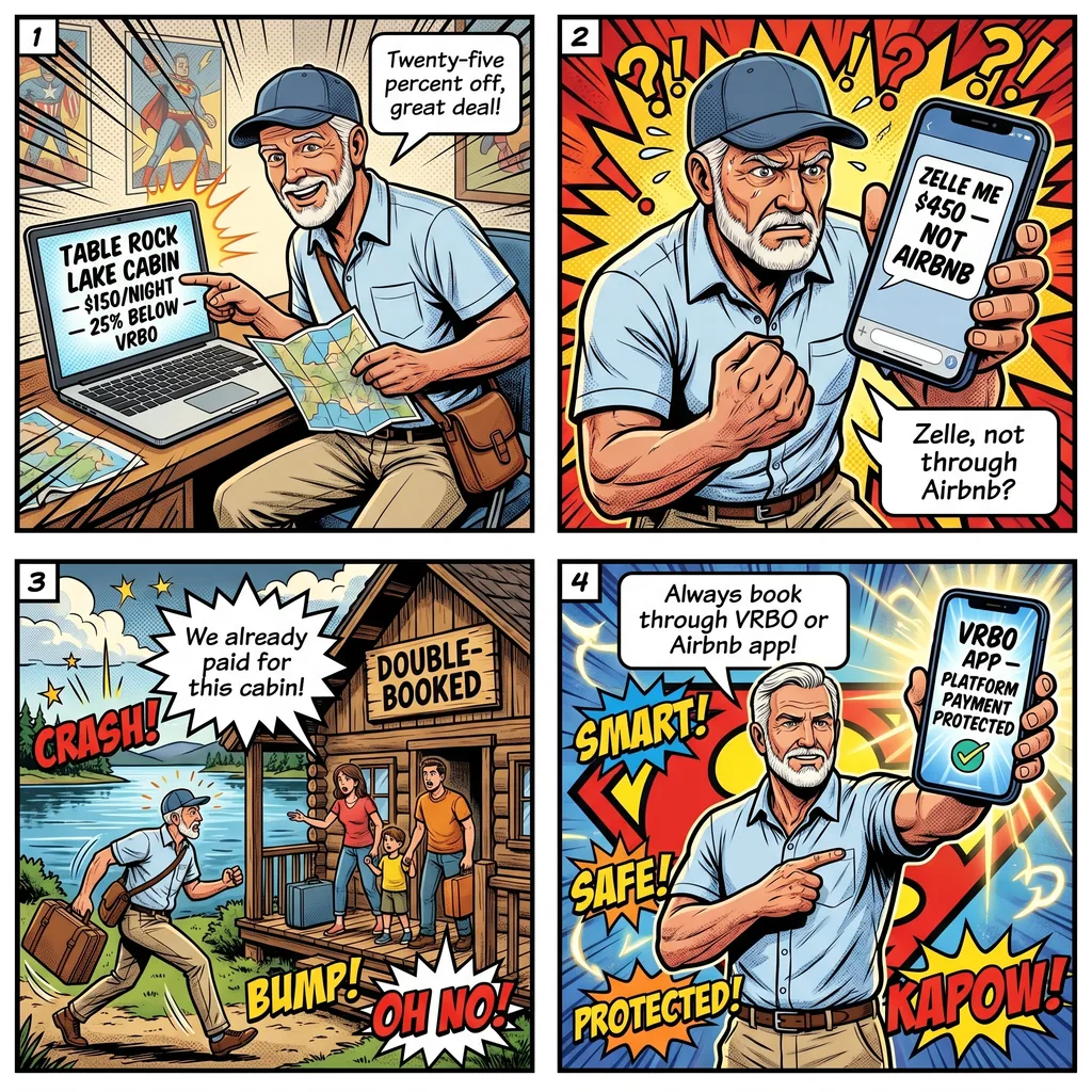 Branson STR / Cabin Off-Platform Booking Fraud — comic illustration