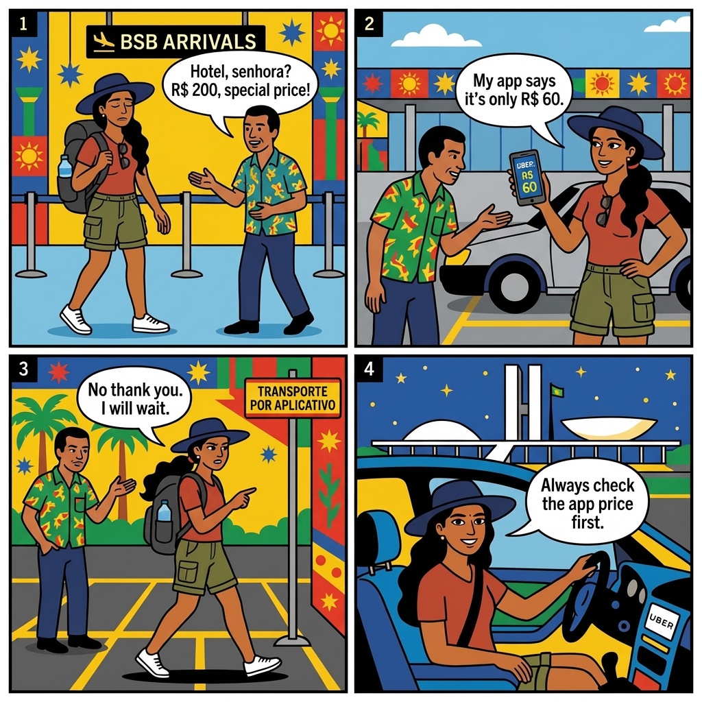 Brasília (BSB) Airport Taxi & Late-Night Transfer Overcharge — comic illustration
