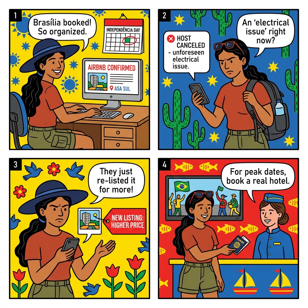 Brasília Aluguel de Temporada (Airbnb) & Hotel Booking Fraud (Peak Dates) — comic illustration