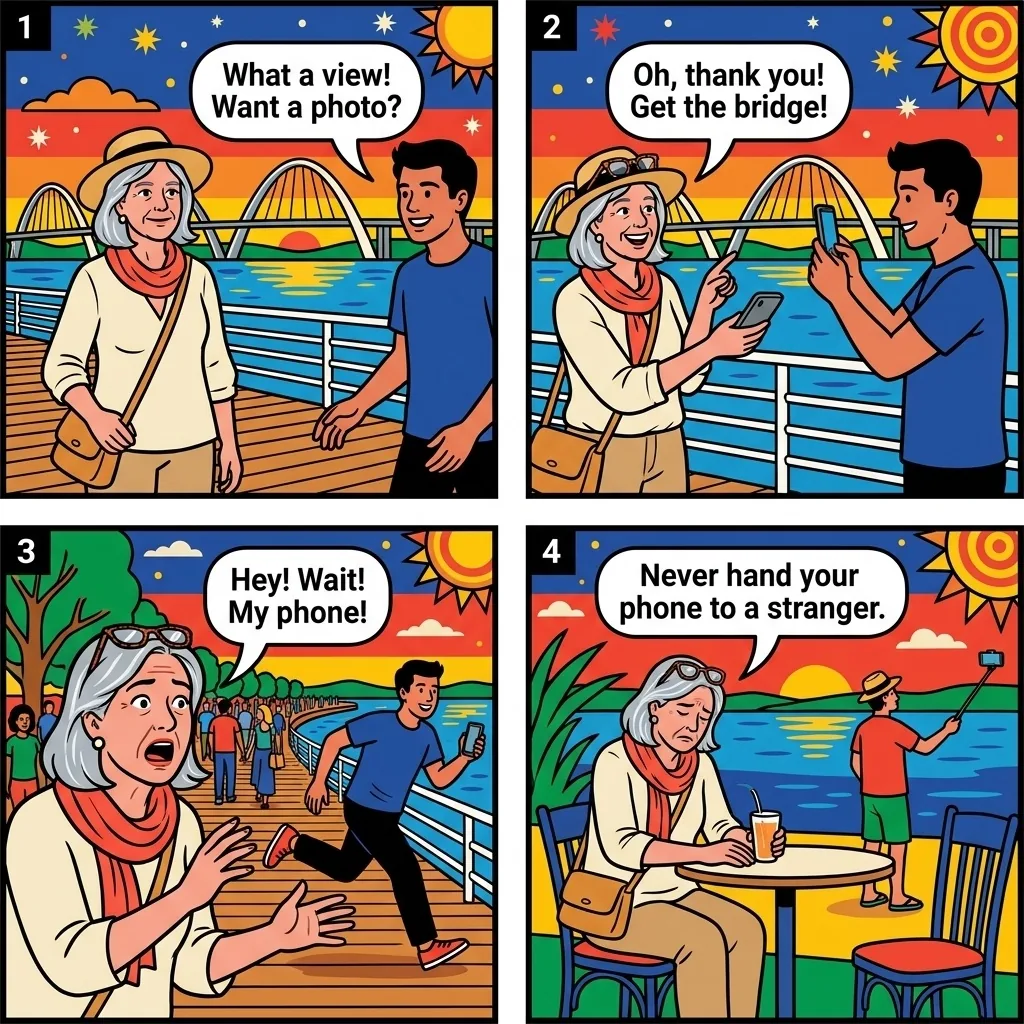 The JK Bridge Photo Snatch — comic illustration