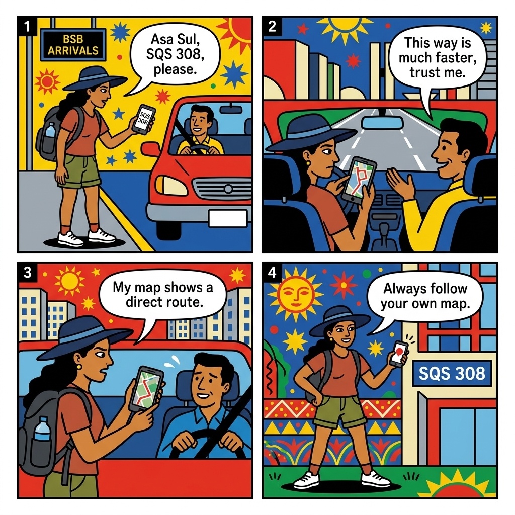 Brasília Uber Coordinated Scam & Cross-Superquadra Route Padding — comic illustration