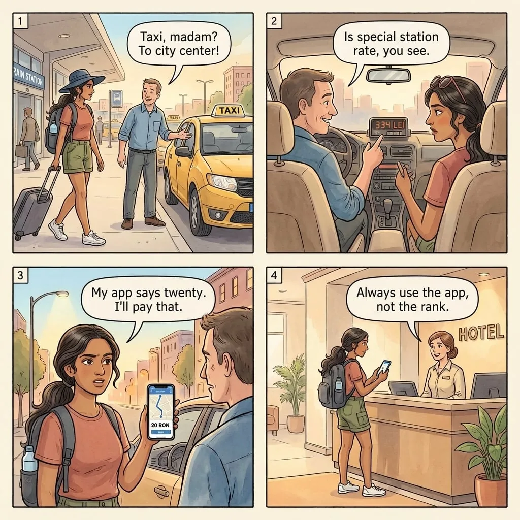 Bucharest-Brașov Train Station Taxi Overcharge — comic illustration