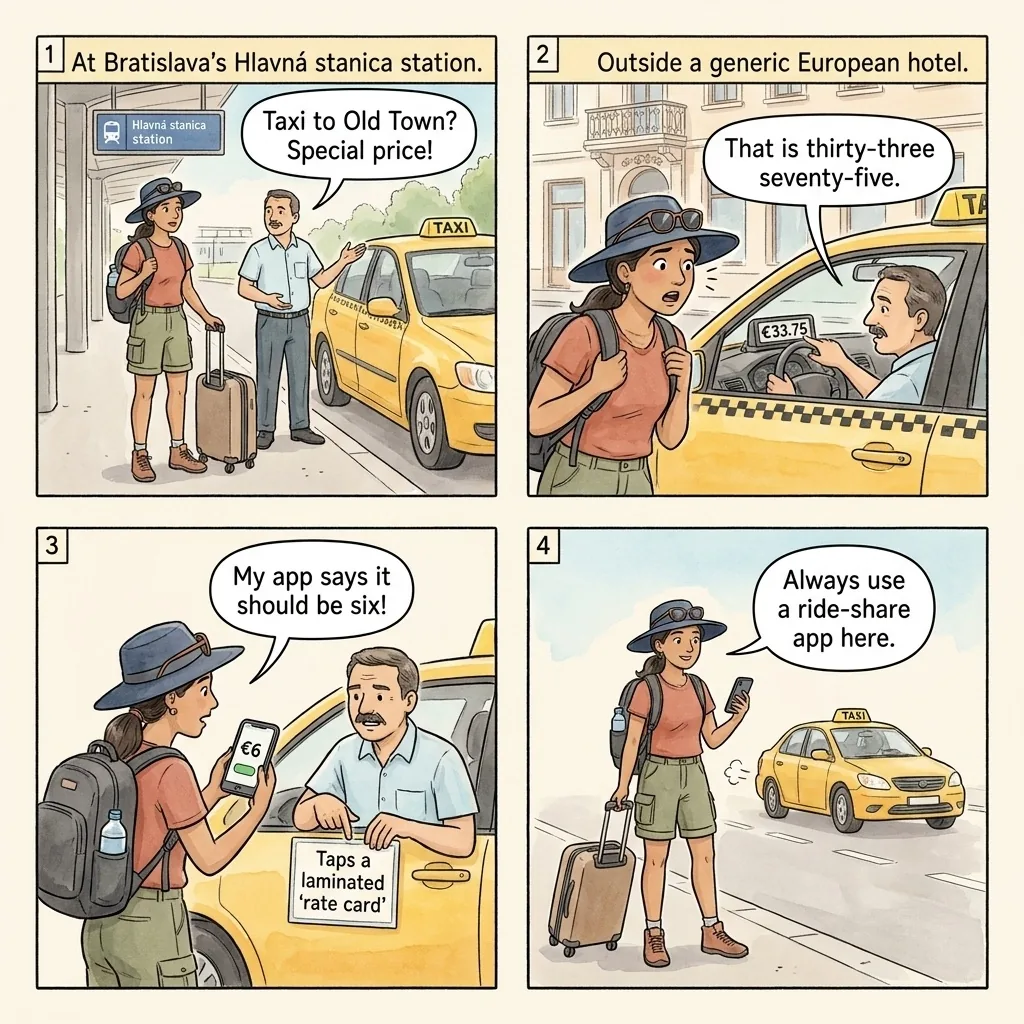 The Hlavná Stanica Taxi Curb Quote — comic illustration