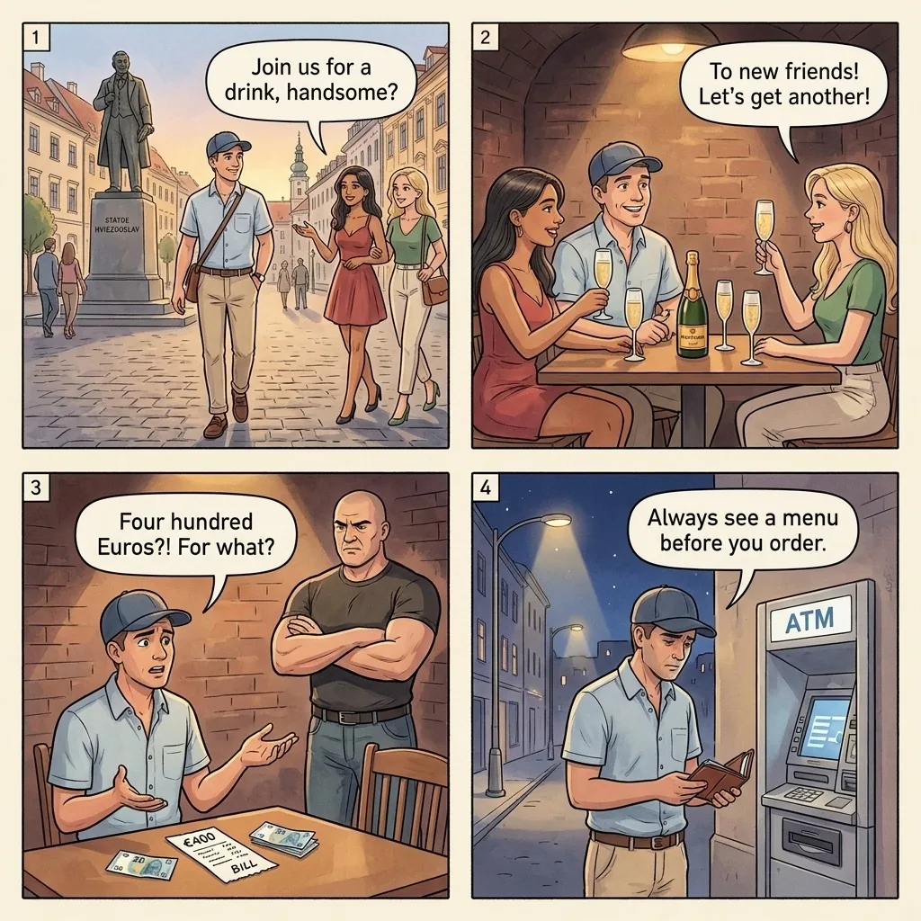 The Hviezdoslavovo Pretty-Woman Champagne Trap — comic illustration