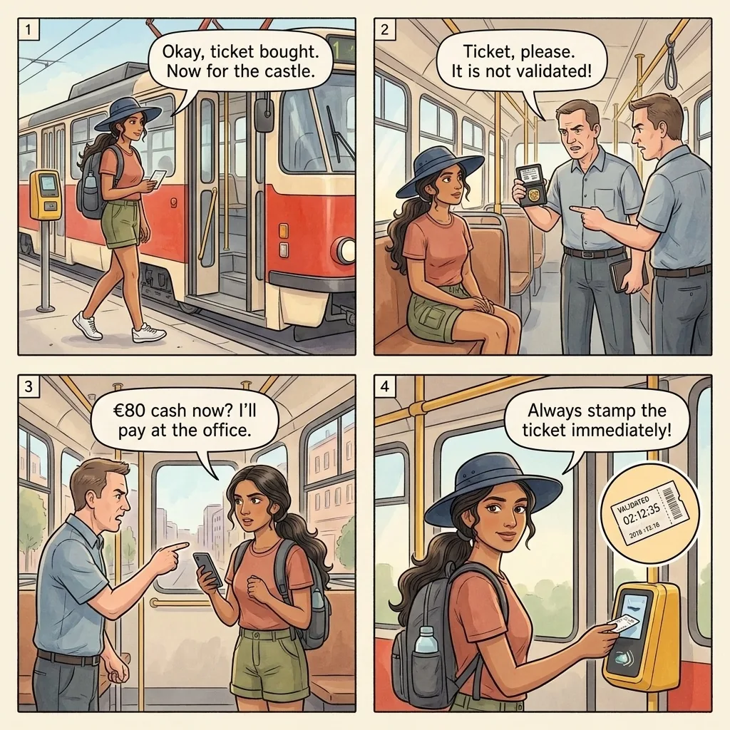 The Bratislava Tram Validation Trap — comic illustration