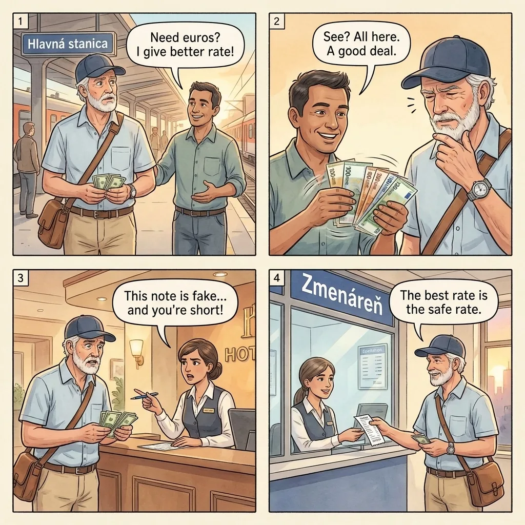 The Hlavná Stanica Street-Euro Hand-Off — comic illustration