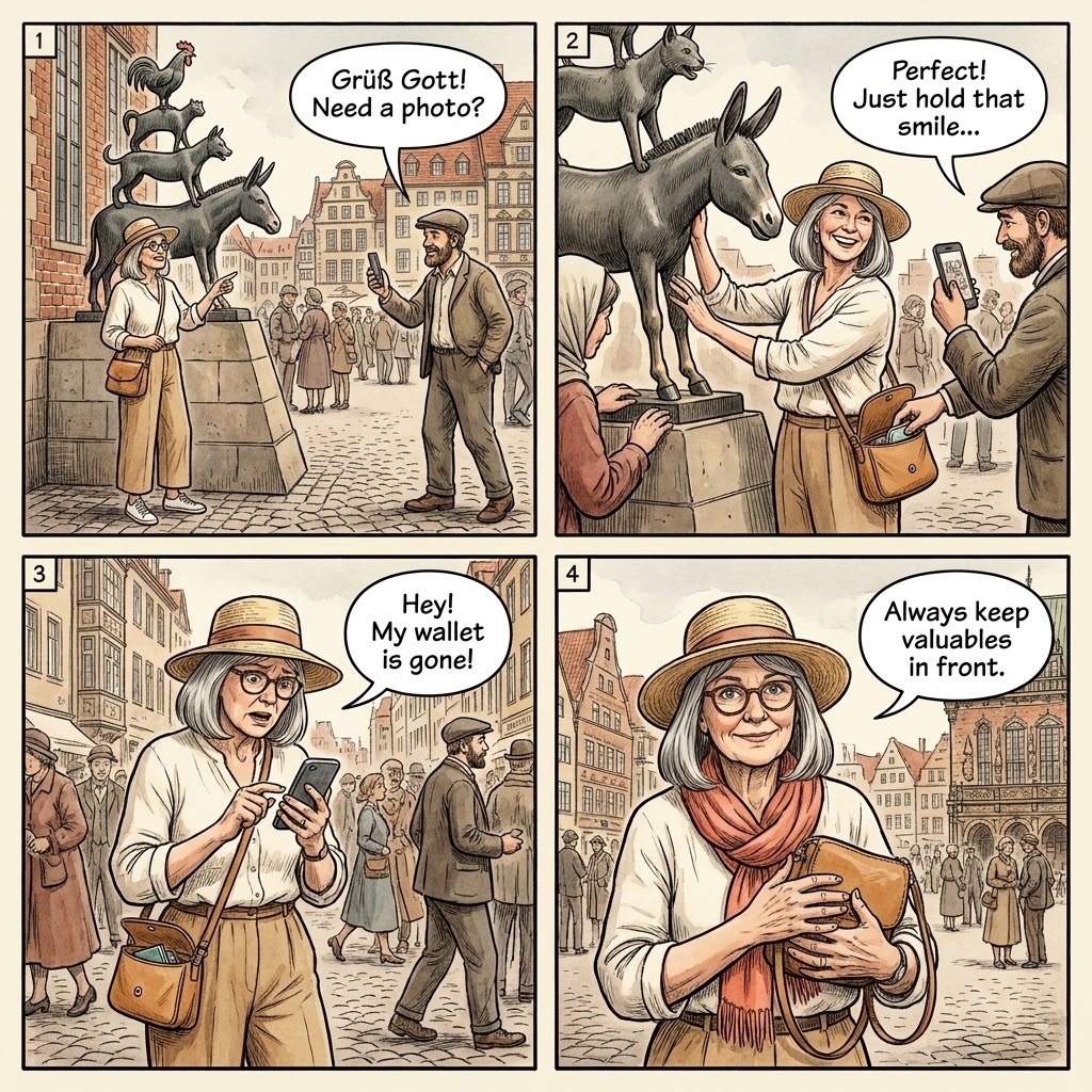 Bremen Marktplatz & Böttcherstraße Pickpocket Distraction — comic illustration