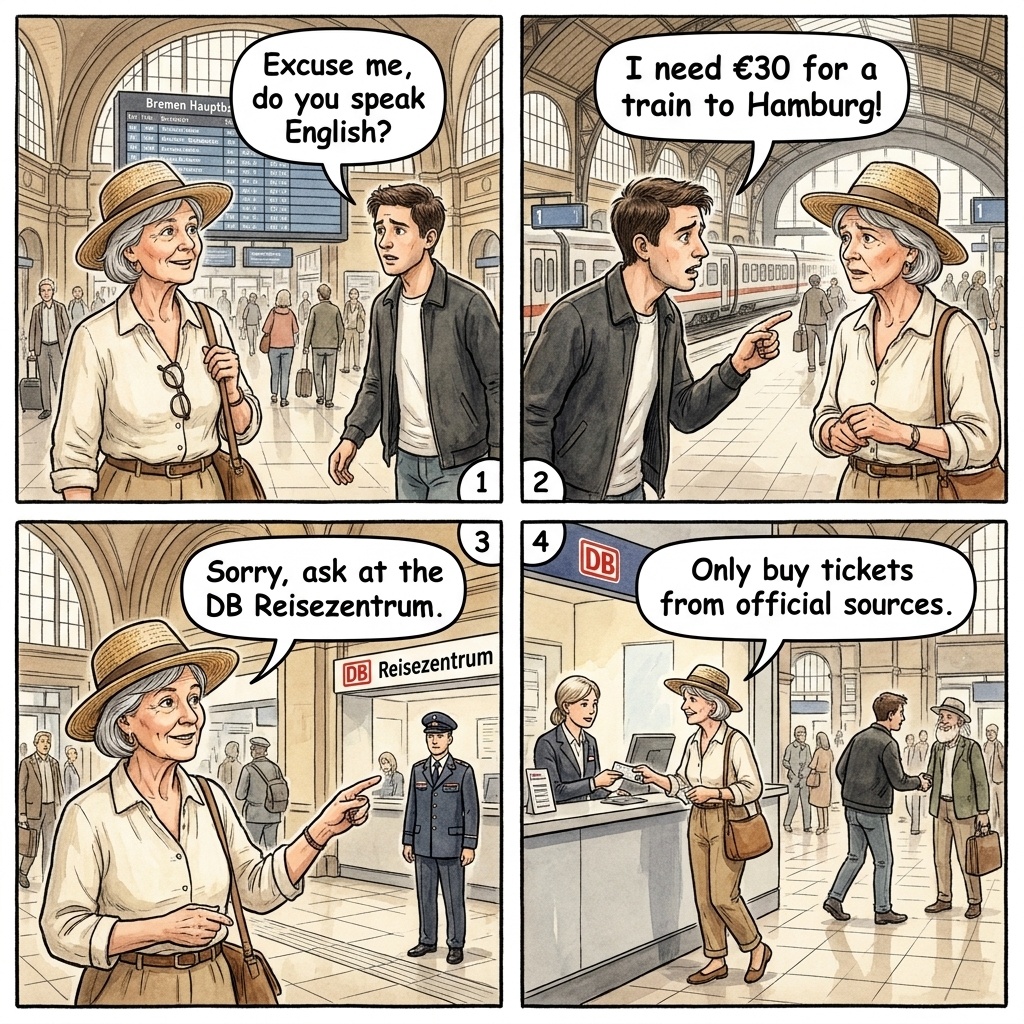 Bremen Hauptbahnhof Sob-Story & Approach Scam — comic illustration