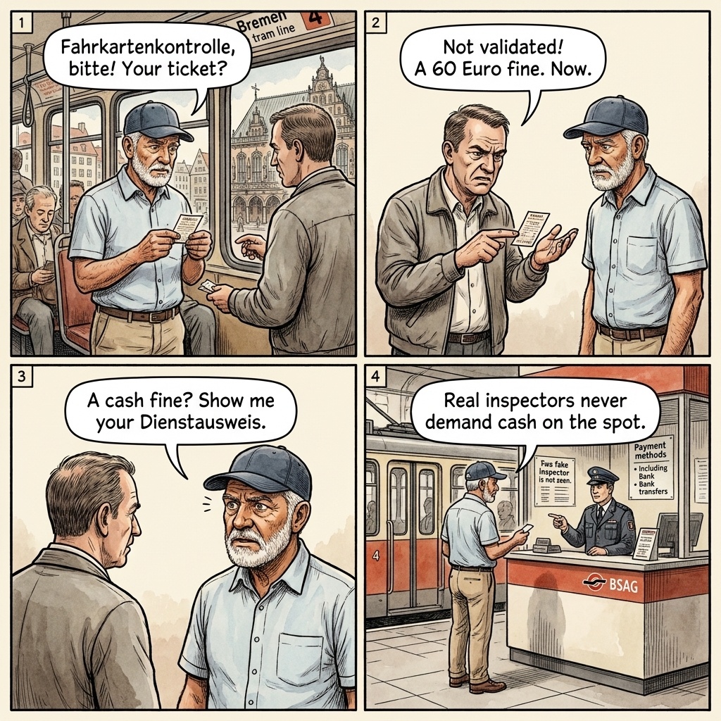 Fake VBN / BSAG Ticket Inspector Cash-Fine Scam — comic illustration