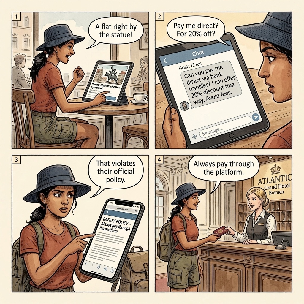 Bremen STR & 'Bremer Stadtmusikanten Apartment' Accommodation Fraud — comic illustration