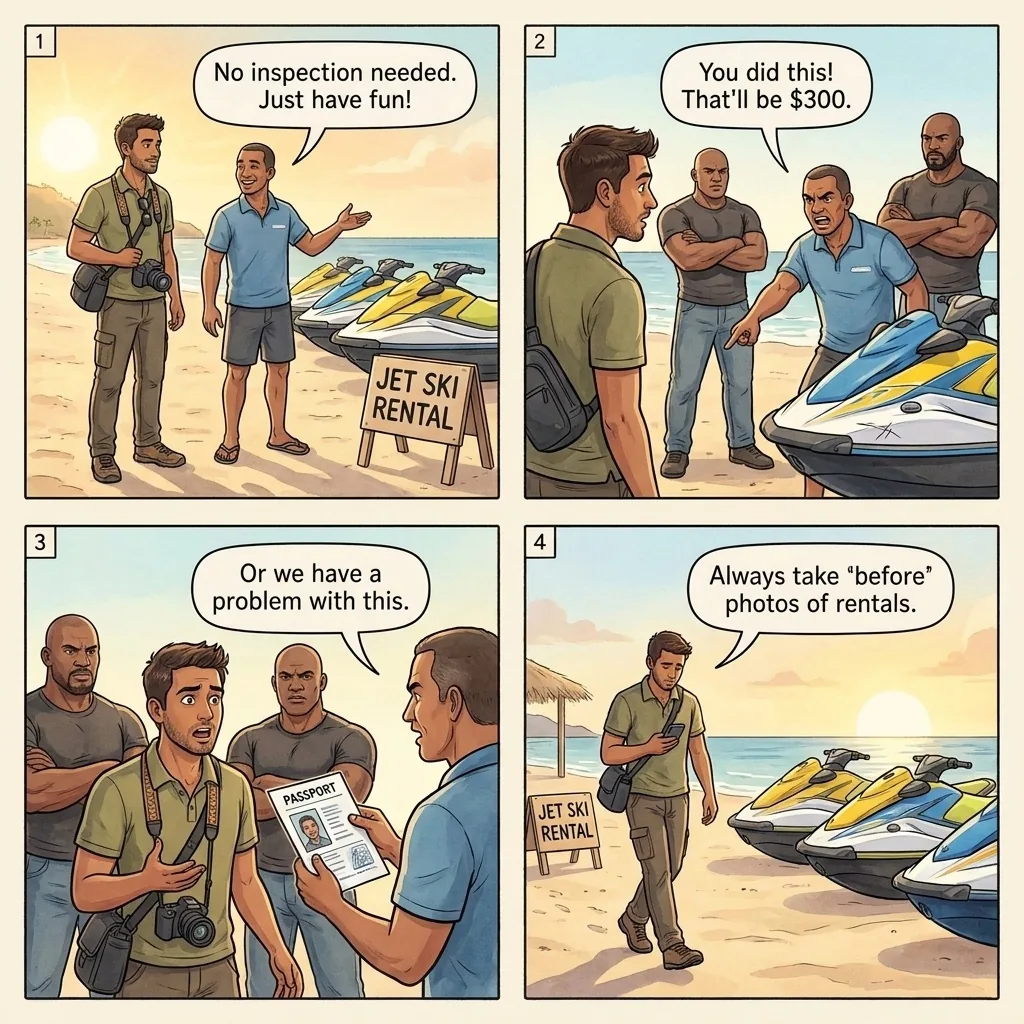 The Carlisle Bay Beach-Equipment Damage Scam — comic illustration