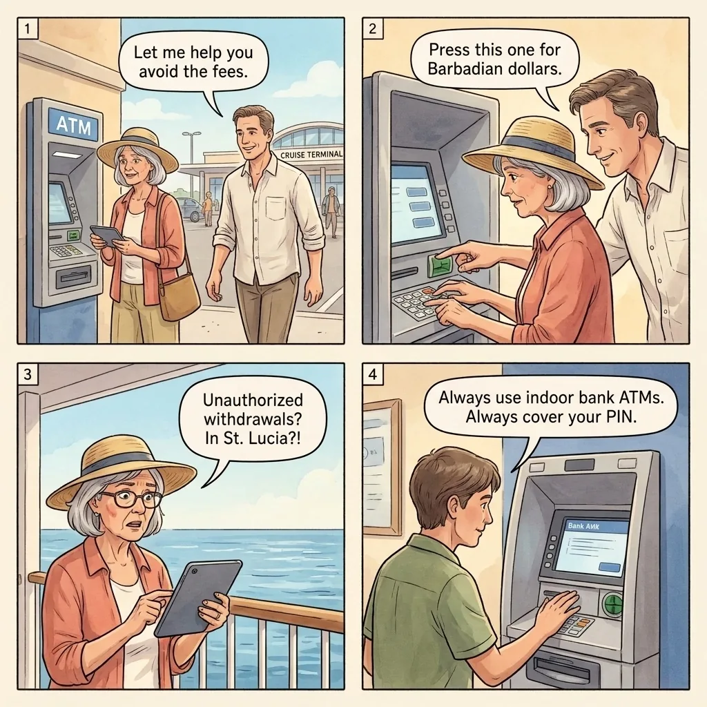 The Bridgetown Cruise-Terminal ATM Helper Skimmer — comic illustration
