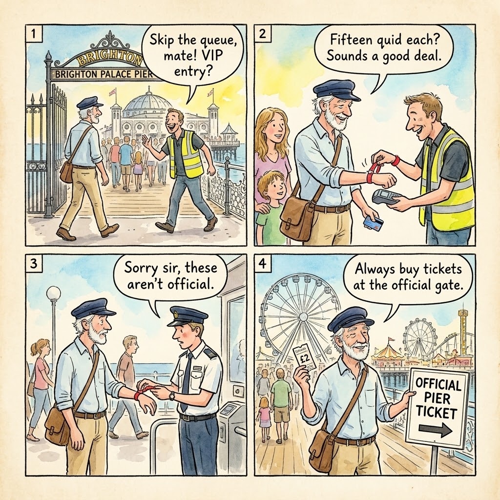 The Palace Pier VIP-Entry Tout — comic illustration