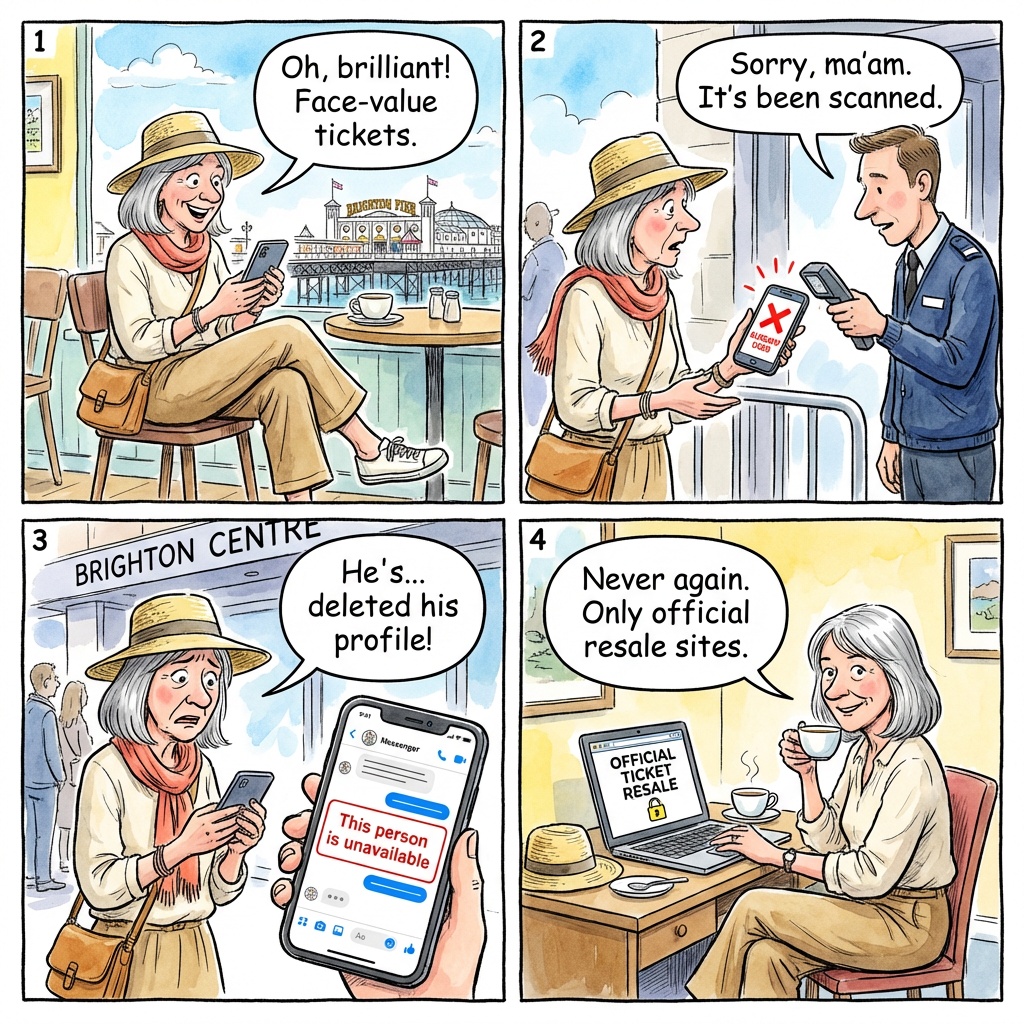 The Brighton Centre Concert Ticket Bank-Transfer Scam — comic illustration
