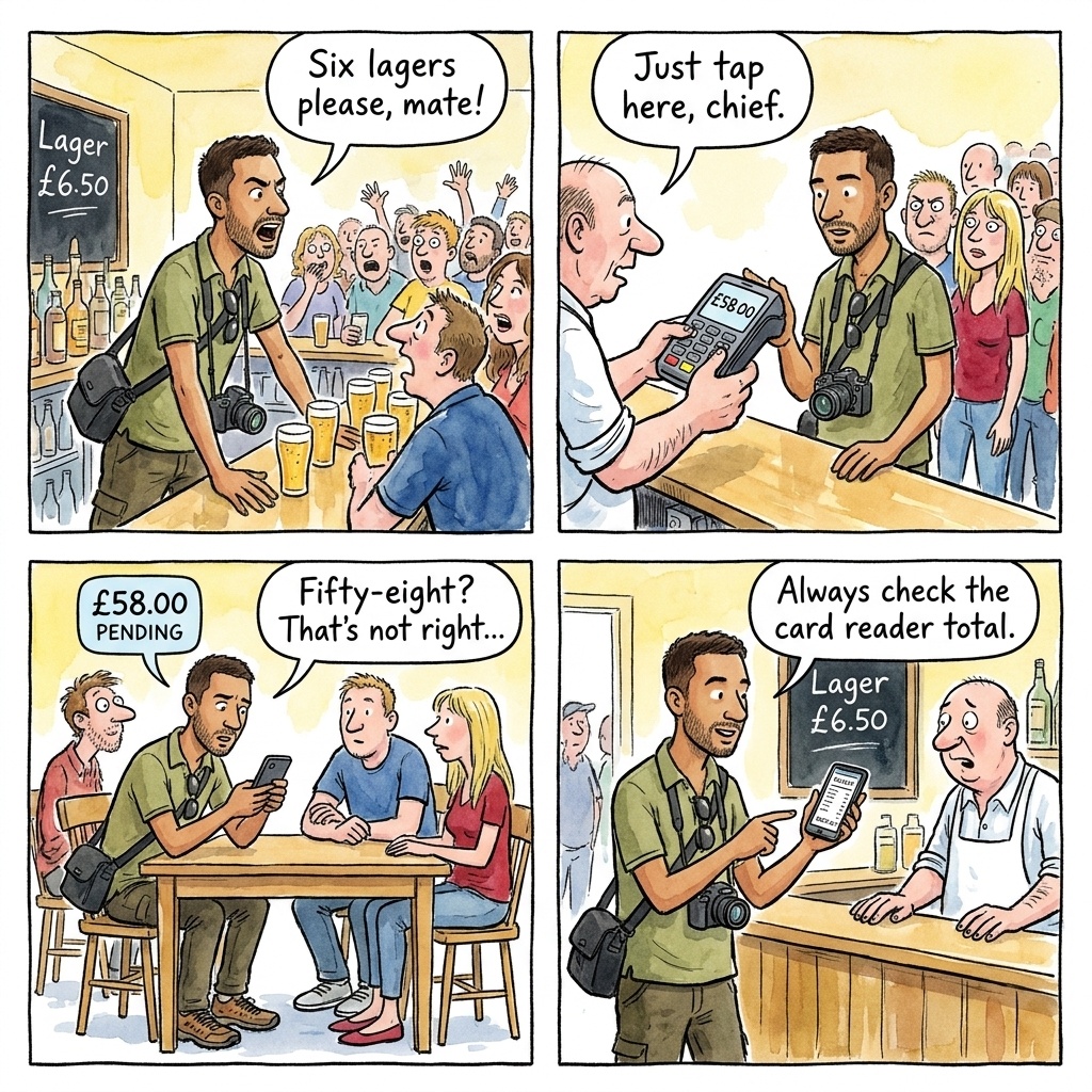 The Lanes Stag-Weekend Pub Short-Change — comic illustration