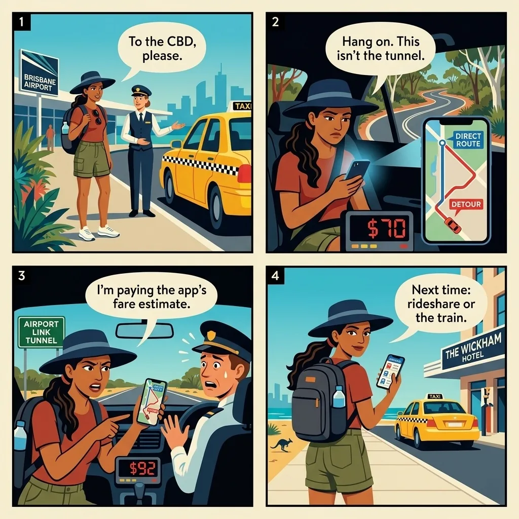 Brisbane Airport Taxi Long-Route Overcharge — comic illustration