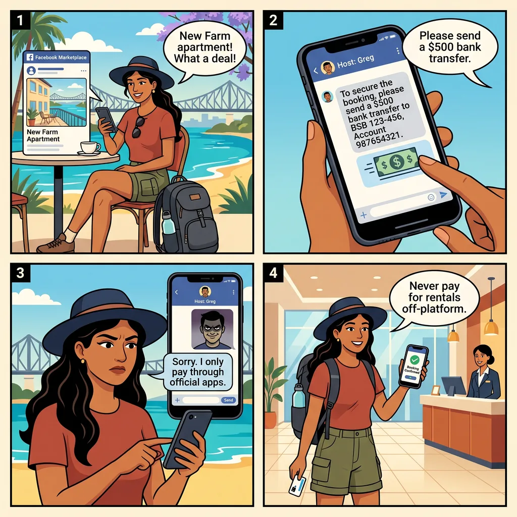 Fake Short-Stay / Facebook Marketplace Rental Scam — comic illustration