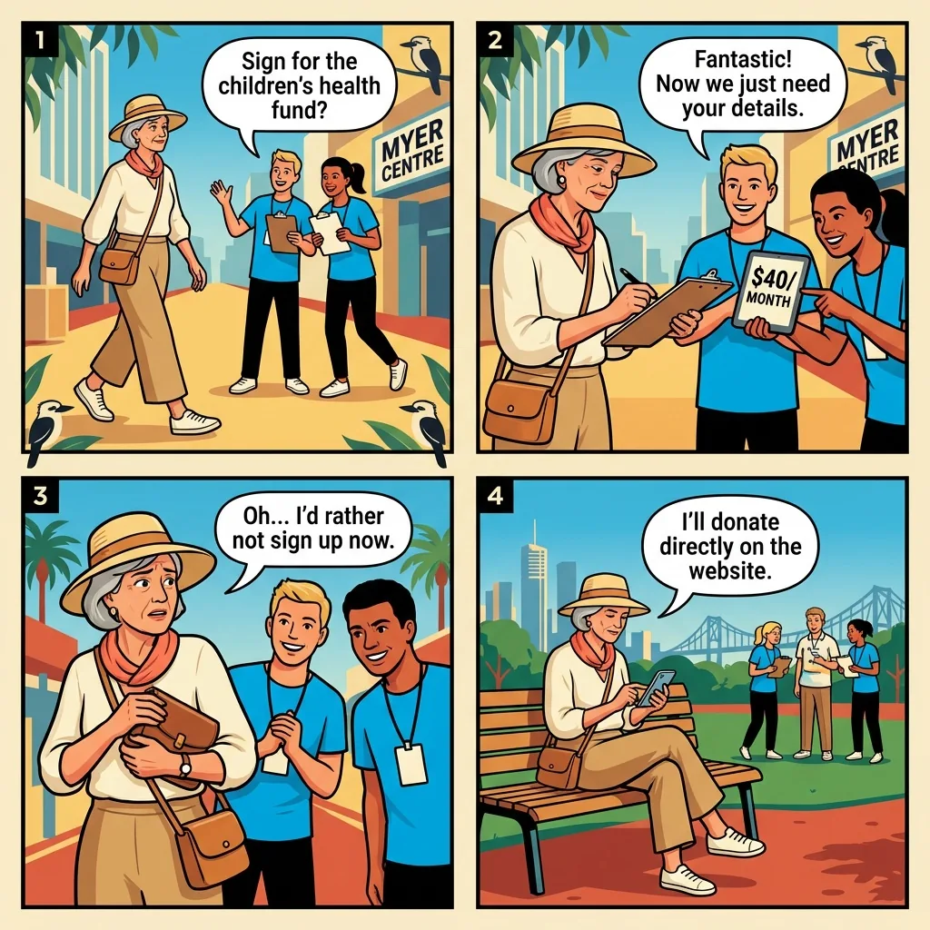 Queen Street Mall Charity Clipboard Pressure — comic illustration