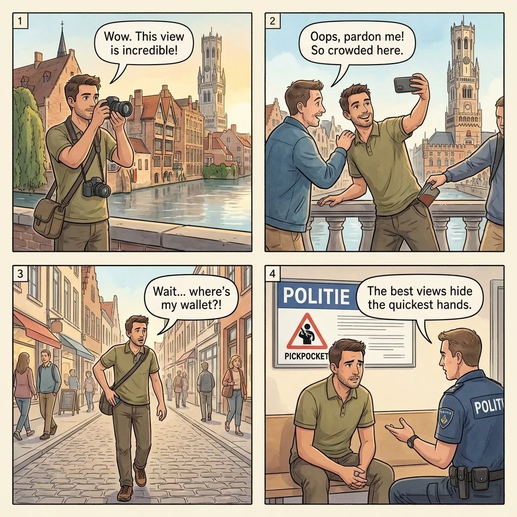 The Rozenhoedkaai Canal Selfie Pickpocket — comic illustration