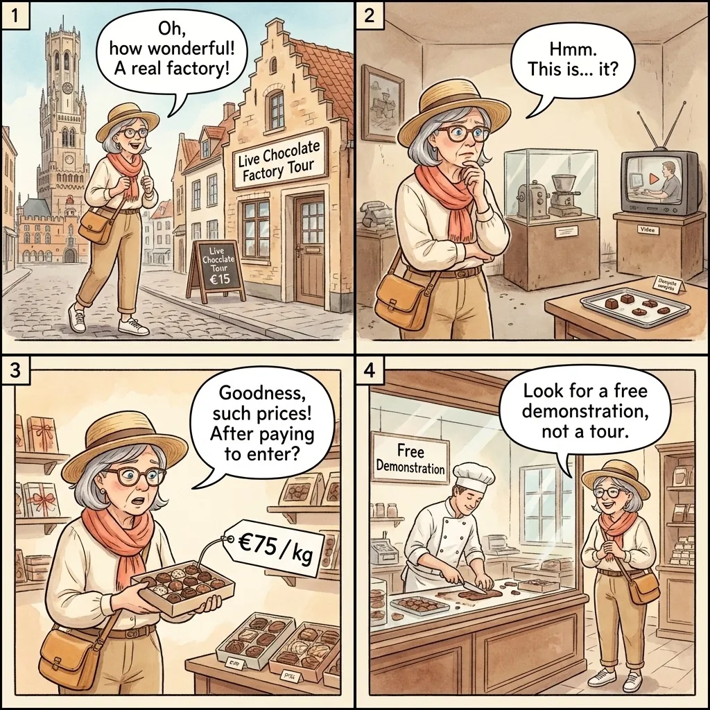 The Bruges 'Chocolate Factory Tour' Gift-Shop Funnel — comic illustration