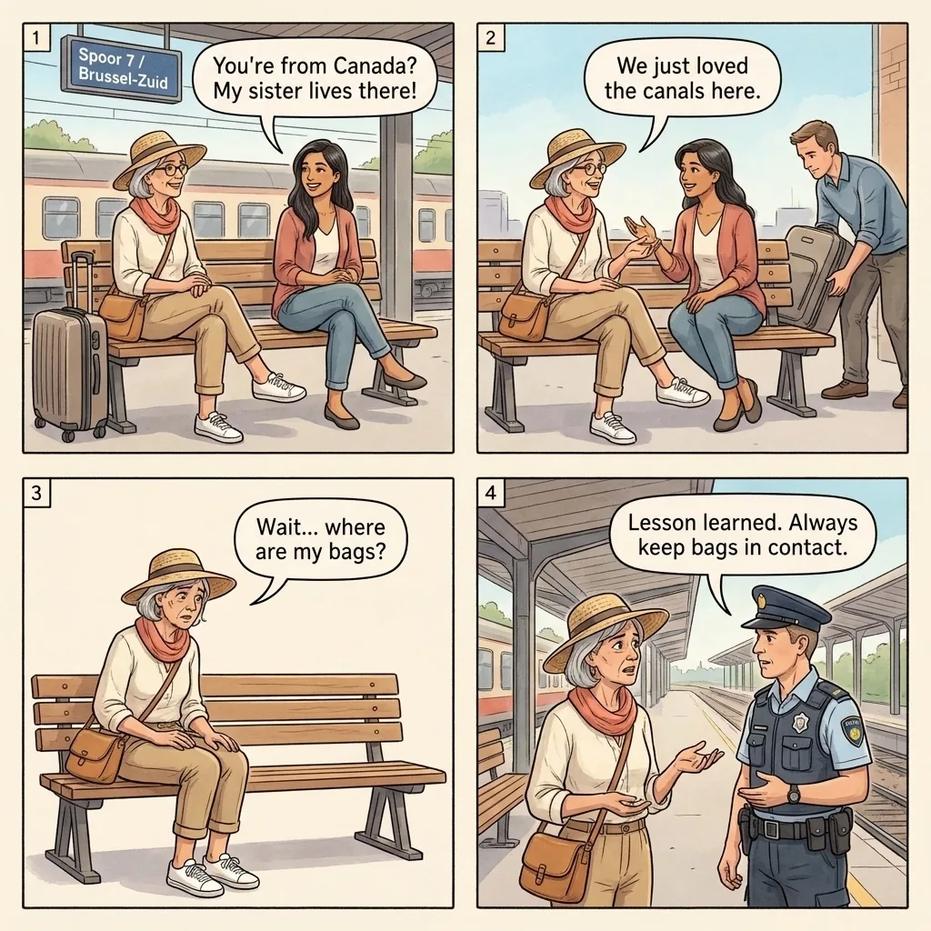 The Bruges Station Platform Conversation Bag Lift — comic illustration