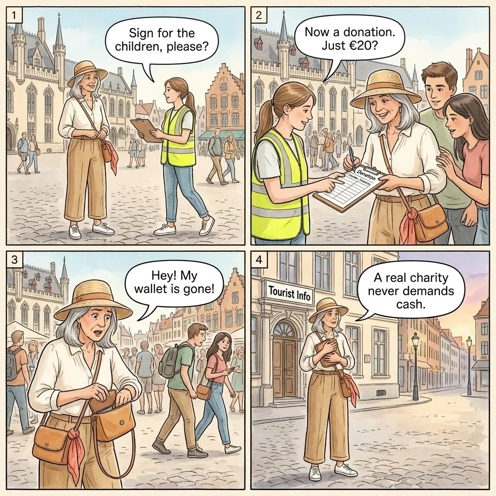 The Bruges Burg Square Petition-Signature Donation — comic illustration