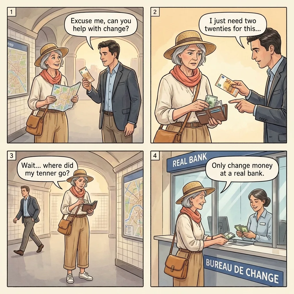 Change-Making / Currency Confusion Scam — comic illustration