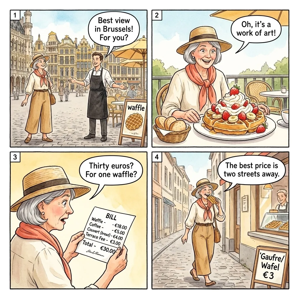 Overpriced Waffles & Tourist-Trap Menus Near Grand-Place — comic illustration