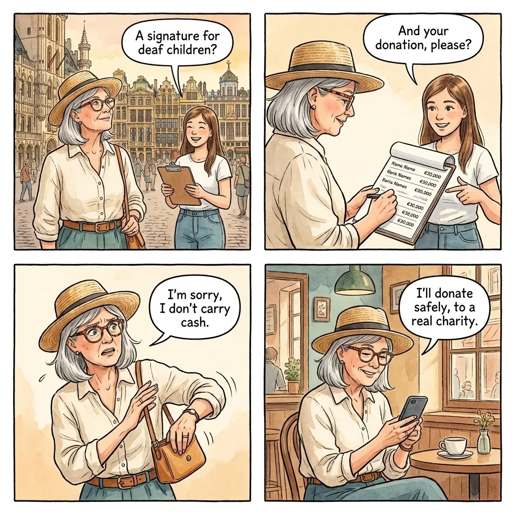 Fake Charity Petition / Clipboard Scam — comic illustration